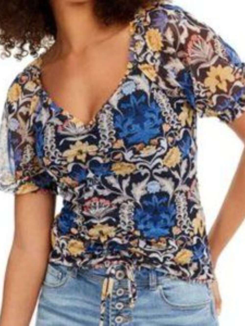 INC International Concepts Womens Dark Floral Mesh Ruched Puff Sleeve Top Sz L